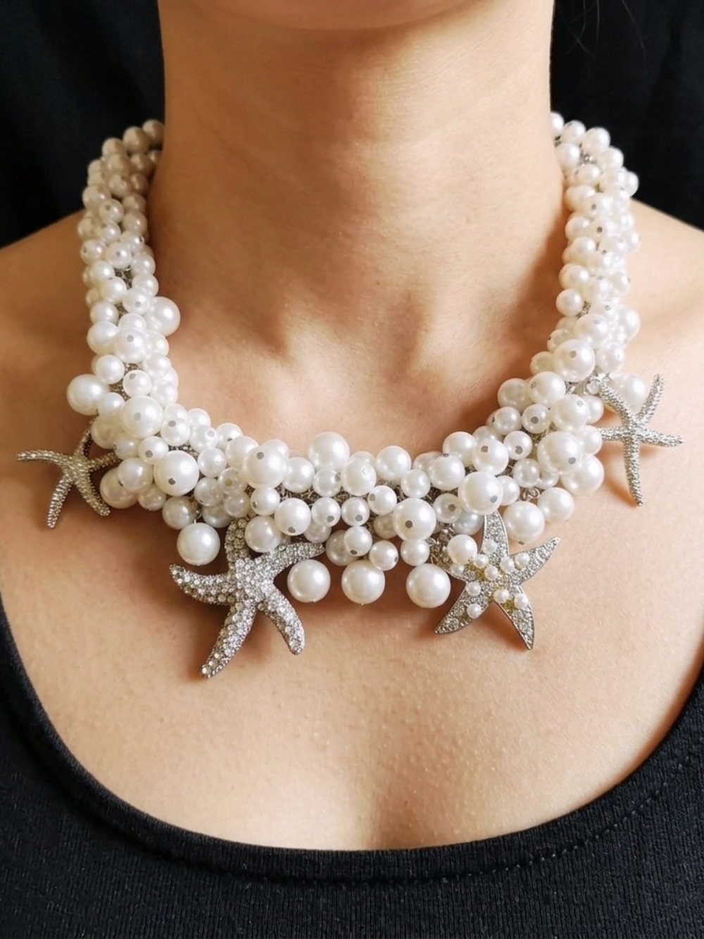 Nautical Glam Faux Pearl & Rhinestone Starfish Bib Statement Necklace